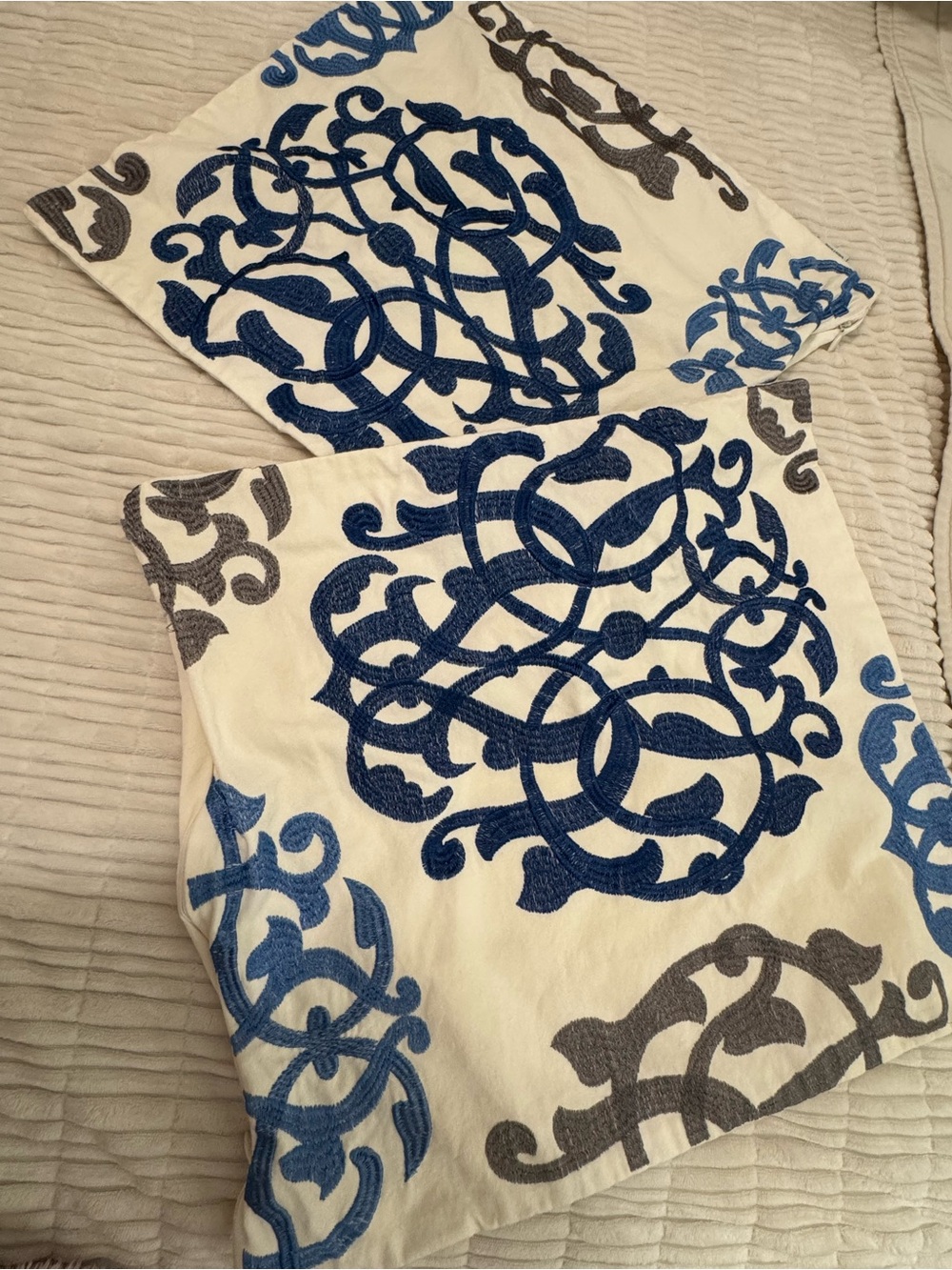 Set of 2 Decorative Throw Pillow Covers 16x16 Blue Gray Embroidered Zipper - Picture 2 of 5